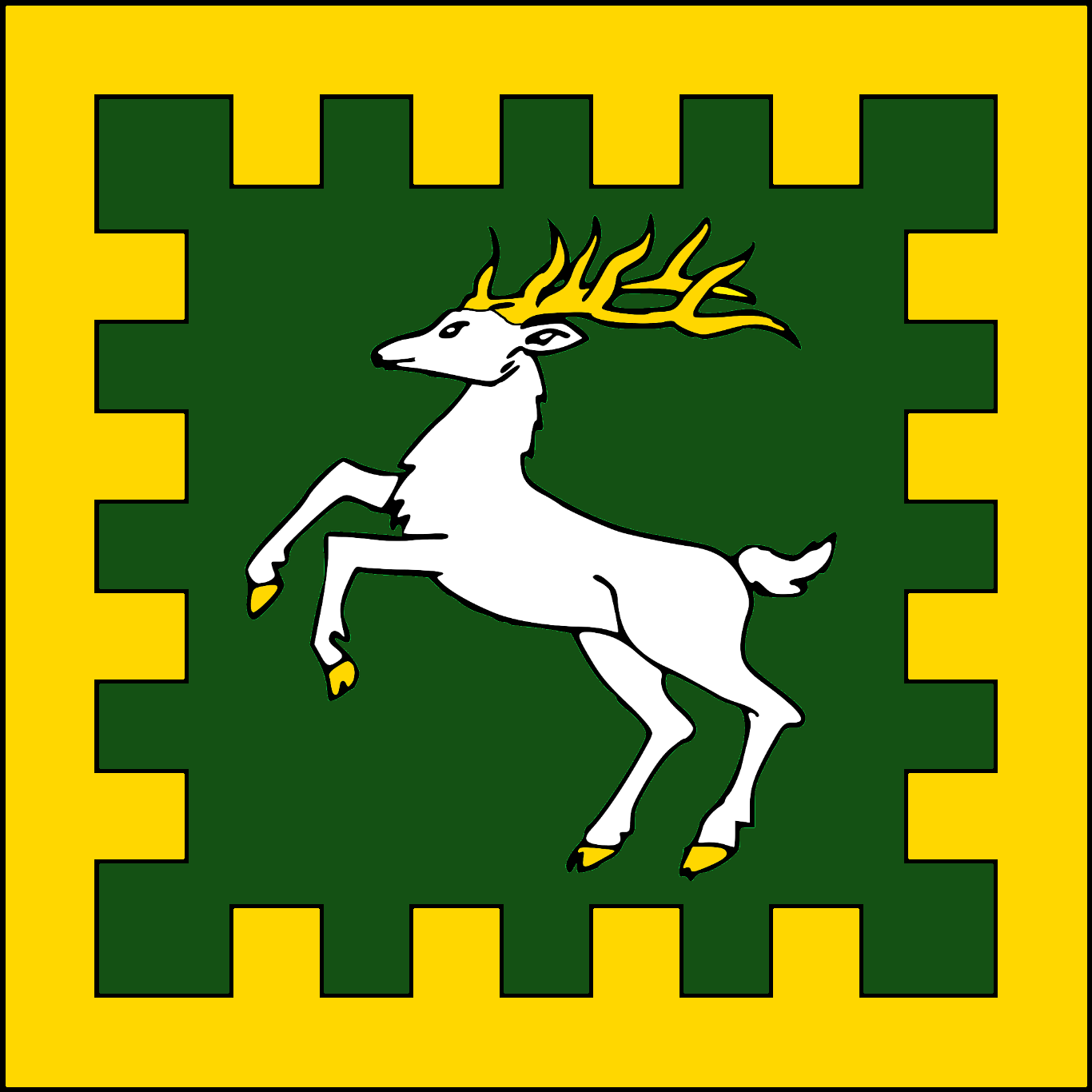 The populace badge of the Outlands. A stag leaping, within a border embattled, Or and Vert