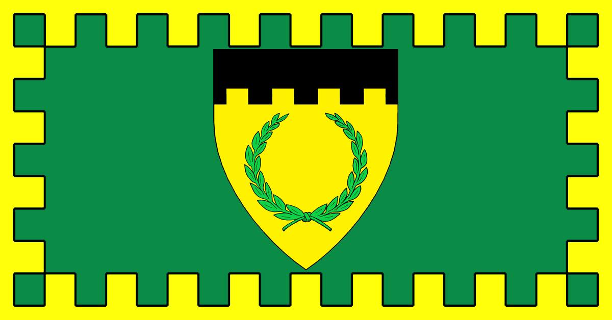 Arms of the Barony of Caerthe on a green field, within a yellow, embattled border.