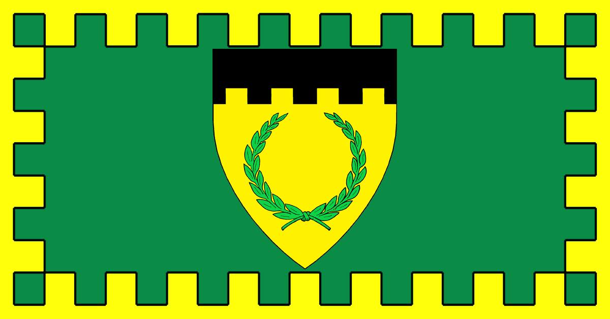 Arms of the Barony of Caerthe on a green field, within a yellow, embattled border.