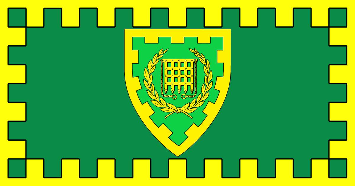 Arms of the Barony of Unser Hafen on a green field, within a yellow, embattled border.