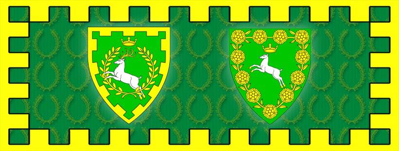 The arms of the sovereign and consort of the Outlands, on a green field within a yellow, embattled border